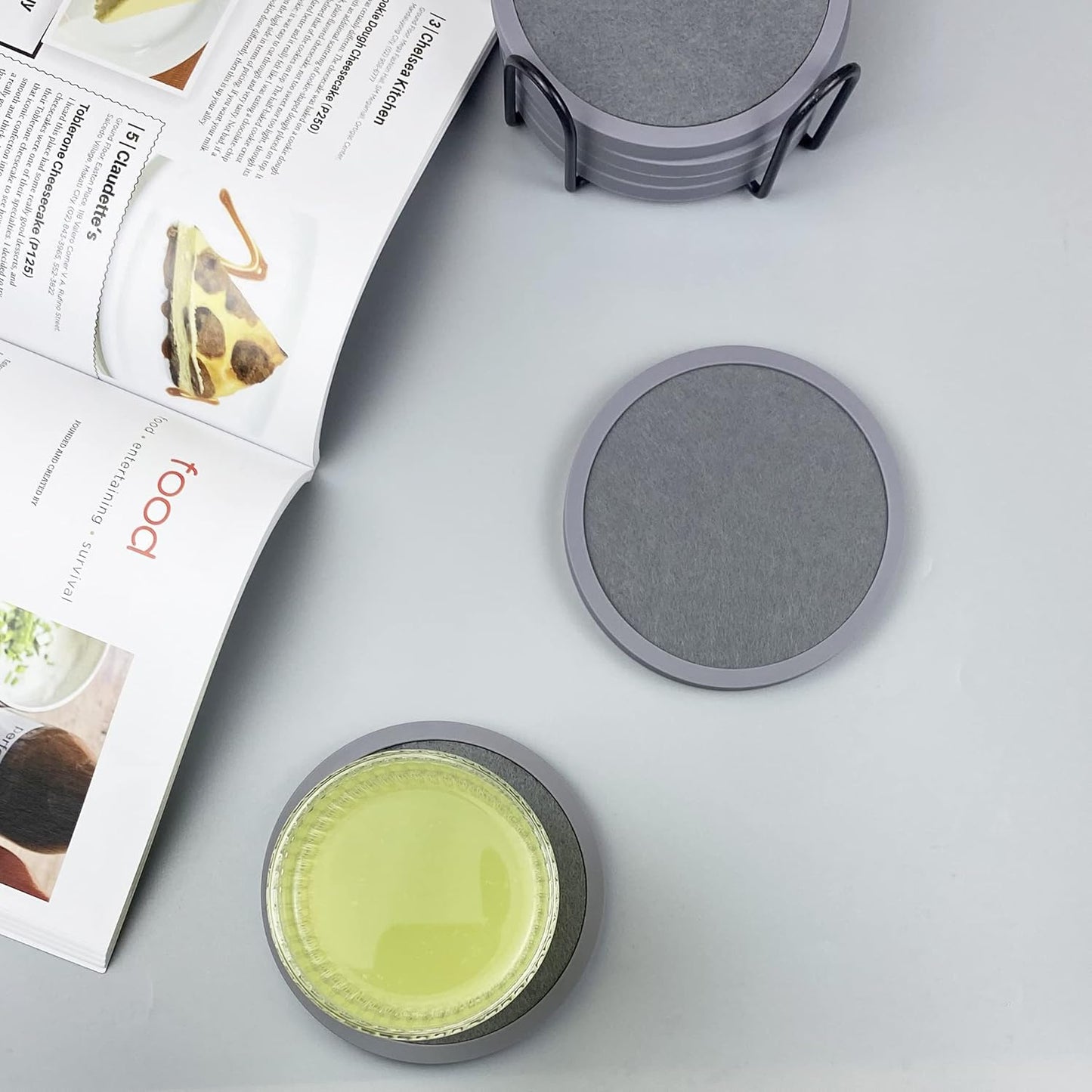 Absorbent Coasters for Drinks with Holder - 6packs, Silicone Coaster with Soft Felt Insert (4.3 inch Coasters with 4.5 inch Holder, Grey)