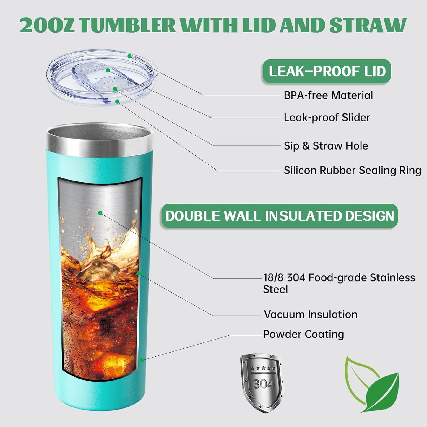 20 oz Skinny Tumbler with Lid and Straw,Stainless Steel Vacuum Insulated Tumbler Cup Double Wall Leak-proof Coffee Mug,Travel Thermal Water Tumbler for Home,Office,Outdoor(Teal,4)