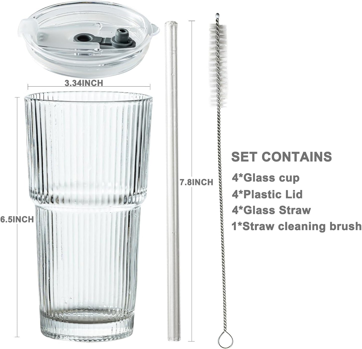 20oz Ribbed Drinking Glasses with Lids and Glass Straws-Thickened Glass cup -Vintage glass straw cups- Ideal for Iced Coffees, Cocktails, Juices, Family Use and Parties (4)