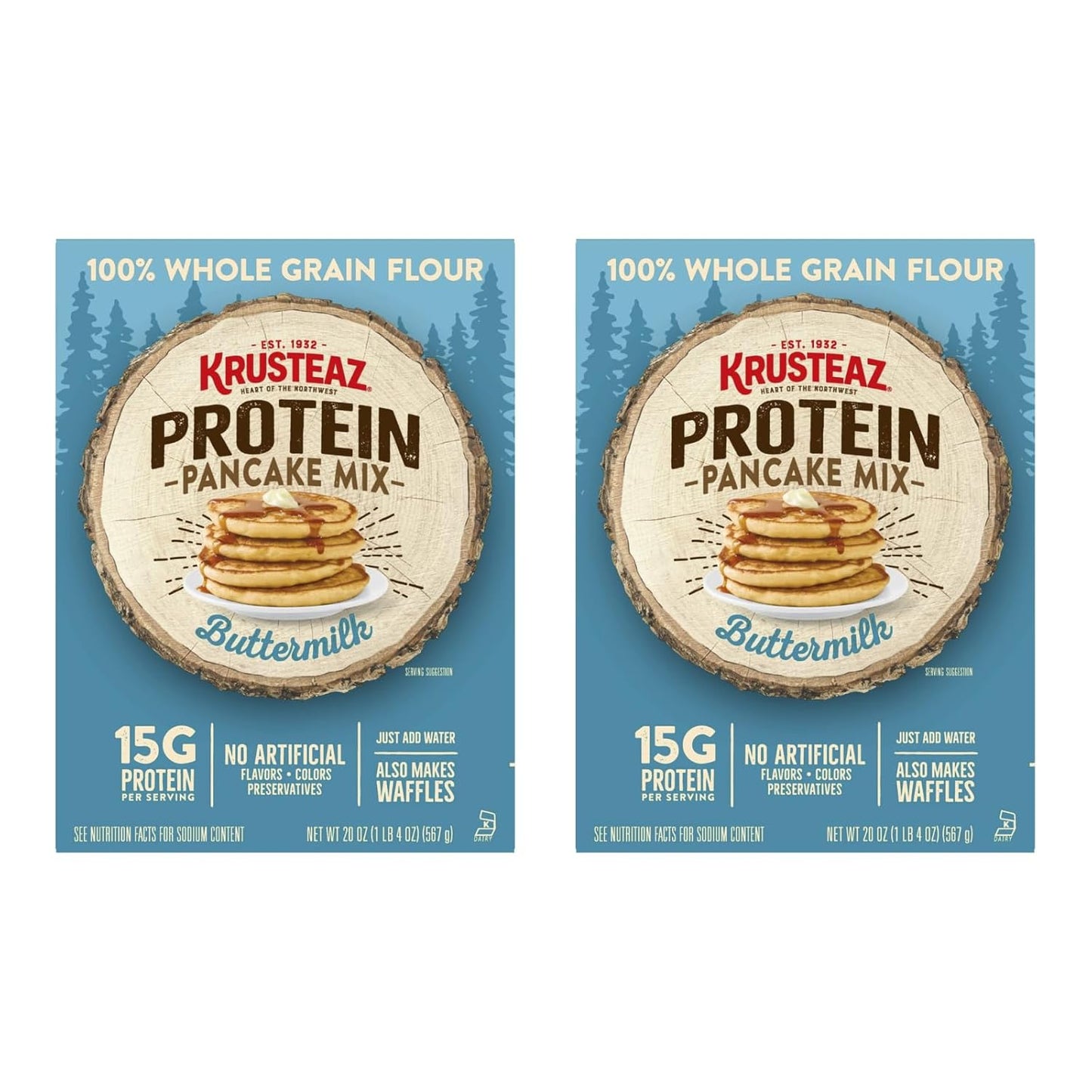 Krusteaz Protein Pancake Mix, Buttermilk Pancake Mix, 100% Whole Grain Flour & 15g of Protein Per Serving, Also Makes Waffles, Just Add Water (1.25 Pound (Pack of 2))
