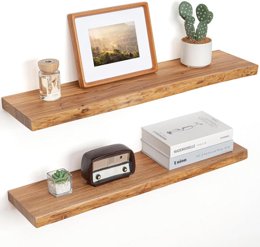 Floating Shelves for Wall Decor, Rustic Solid Elm Wood Live Edge Floating Shelves Wall Mounted, Wall Shelves with Invisible Bracket for Living Room Bathroom Bedroom Kitchen, 32 Inch Set of 2, Natural