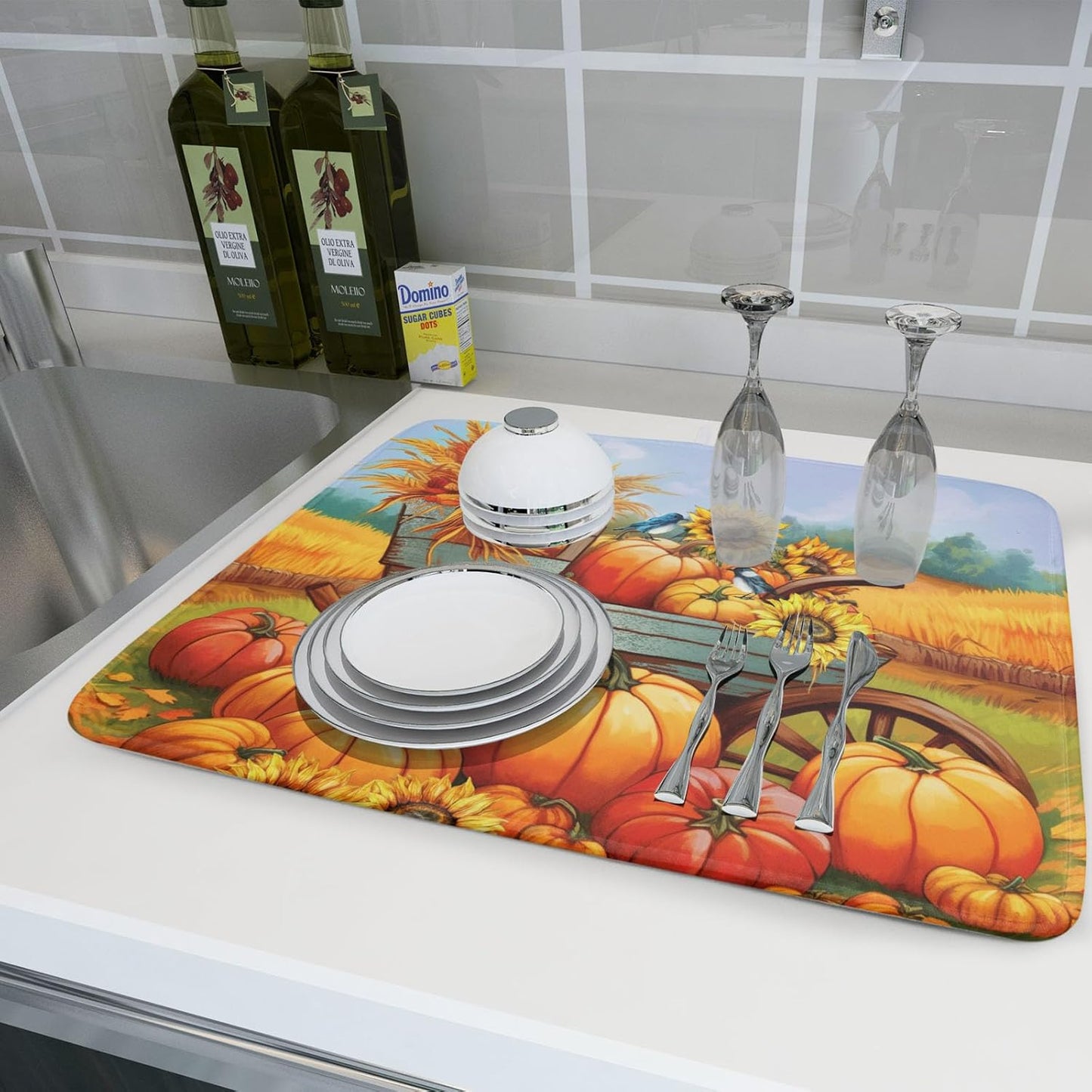 Thanksgiving Autumn Harvest Pumpkin Dish Drying Mat for Kitchen Counter,Sunflowers and Cart Drying Mat 18 x 24 Inch Microfiber Dish Drying Pad Ear of Rice Dish Rack Drainer Mat for Coffee Bar