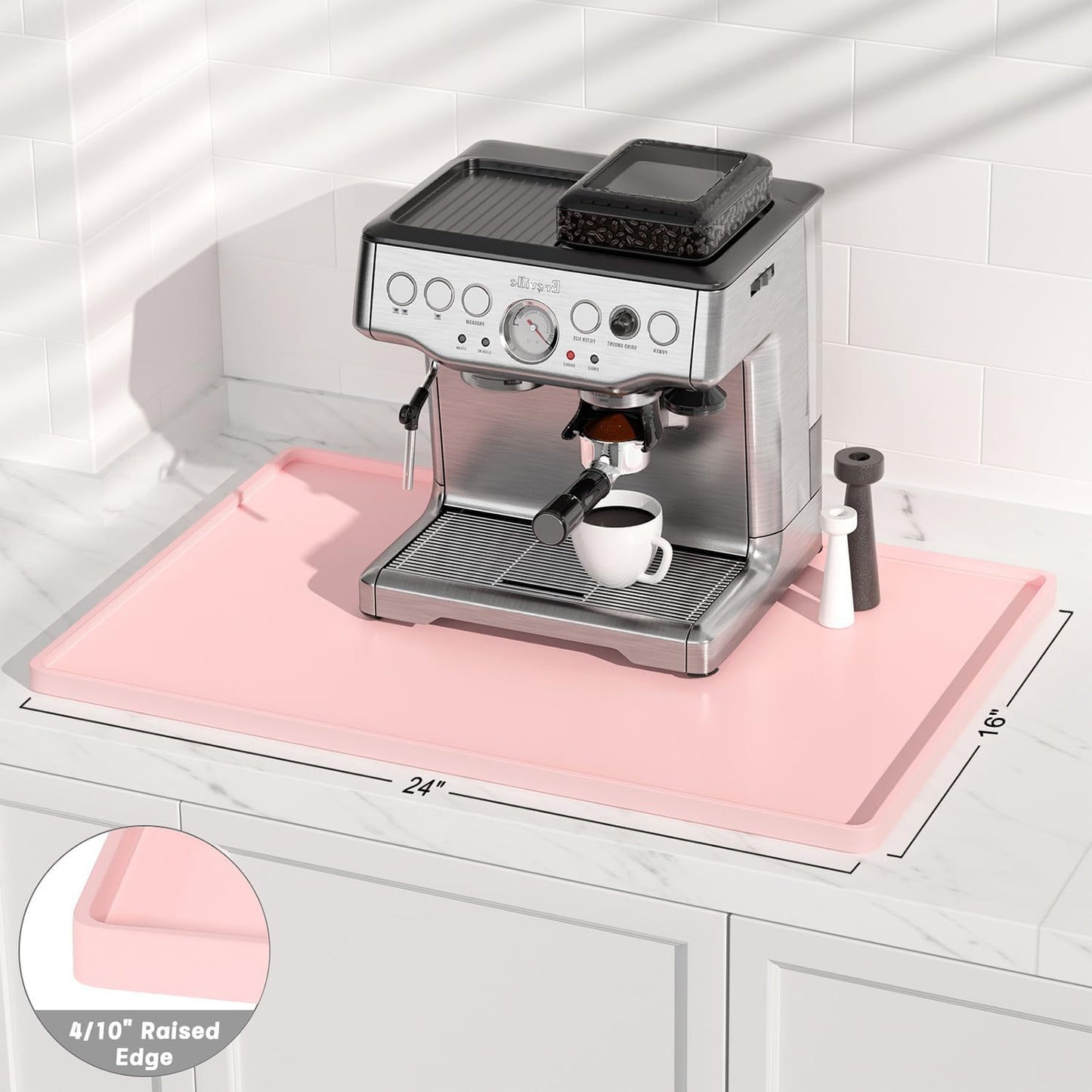Rnivvi Silicone Coffee Mat, 16" x 24" Waterproof Raised Edge Coffee Bar Mats for Espresso Machine Station Accessories, Heat Resistant Dish Drying Pad for Kitchen Counter, Rubber Bar Decor Pad, Pink