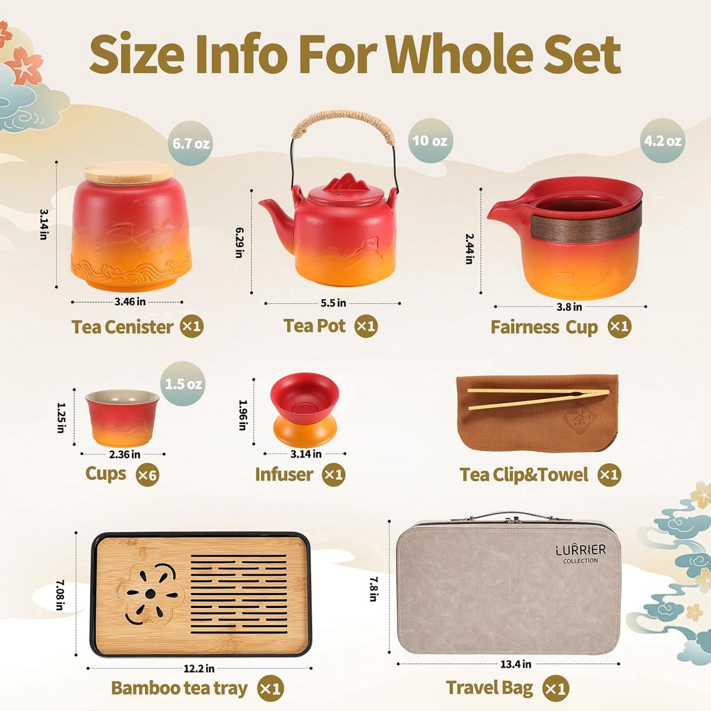 LURRIER Gongfu tea sets, Portable Ceramic TeaSet, Asian Tea sets for adult, Tea Gift sets, Grey leather case, Portable Travel Bag,Home,Gifting,Outdoor and Office(Red and Orange)