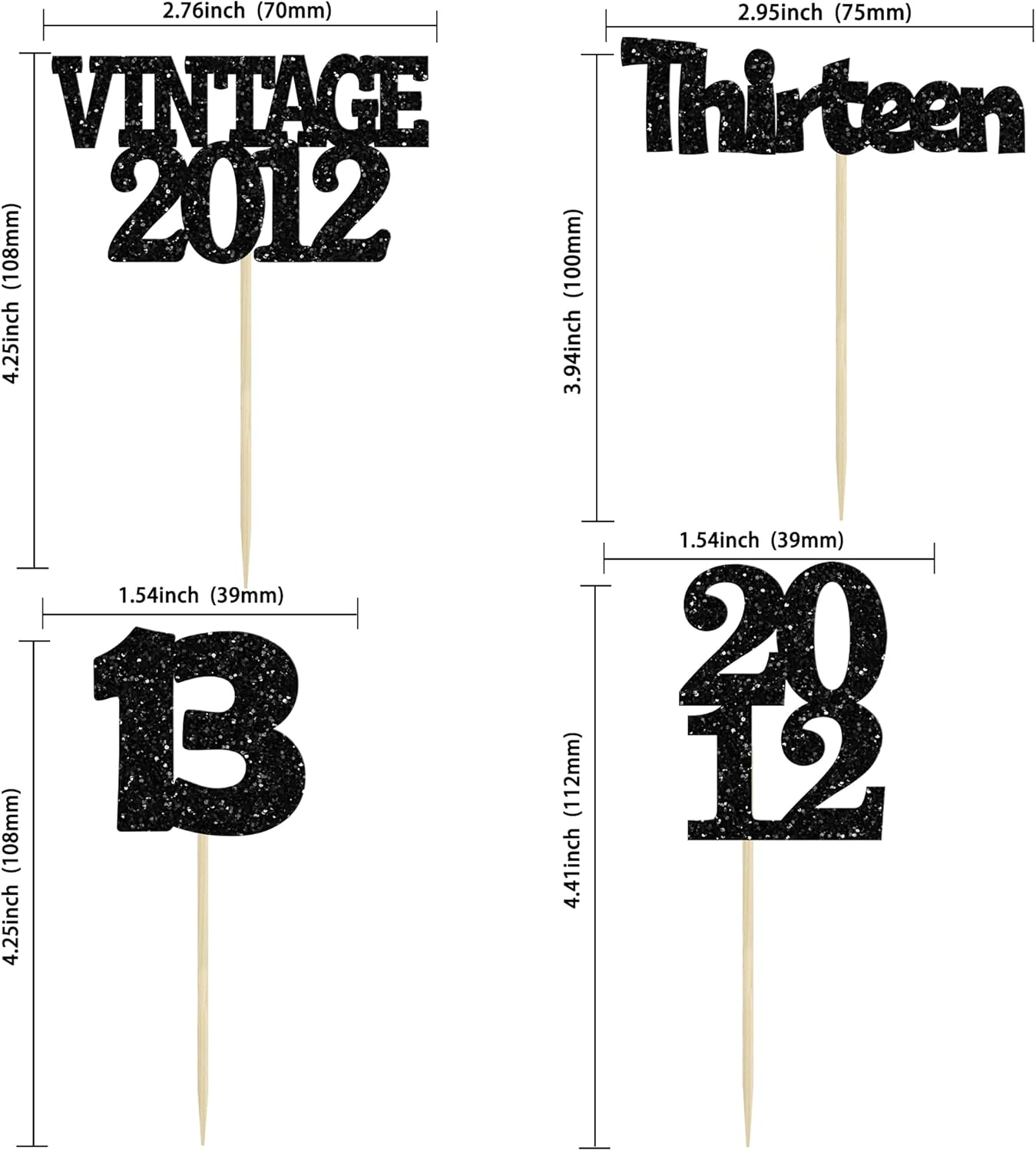 Gyufise 24Pcs 13th Birthday Cupcake Toppers Glitter Thirteen Vintage 2012 Official Teenager 13 Cupcake Picks 13 Years Birthday Cake Decorations for Happy 13th Anniversary Party Supplies Black