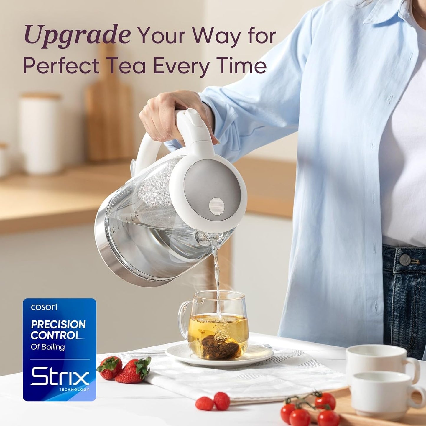 Cosori Electric Kettle, No Plastic Filter & Spout, Tea Kettle & Hot Water Boiler For Coffee & Tea, Water Heater & Teapot, Automatic Shut Off, Borosilicate glass, White, 1.7L/1500W