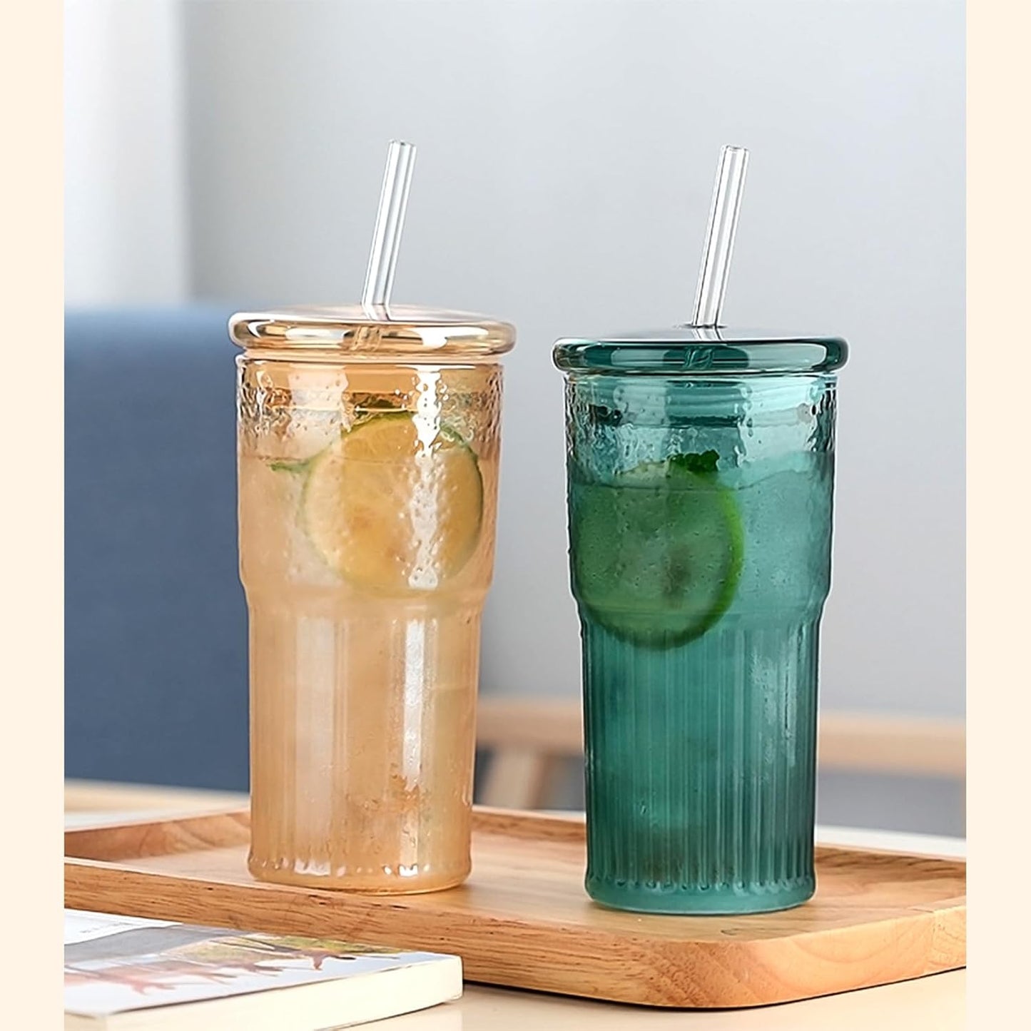 GOSCHE Glass Cups with Lids and Straws, 20oz Drinking Jar Glass Tumbler Iced Coffee Cups Set, Vintage Ripple Glassware Smoothie Cups for Water Coffee Tea, Amber, 2 Pcs