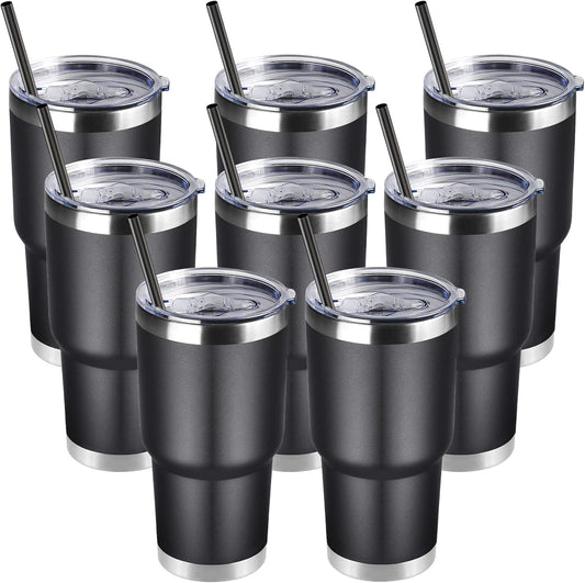 DOMICARE 30 oz Tumbler with Lid and Straw, Stainless Steel Tumblers Bulk, Insulated Vacuum Double Wall Travel Coffee Mug, Durable Powder Coated Tumbler Cups (Black, 8)