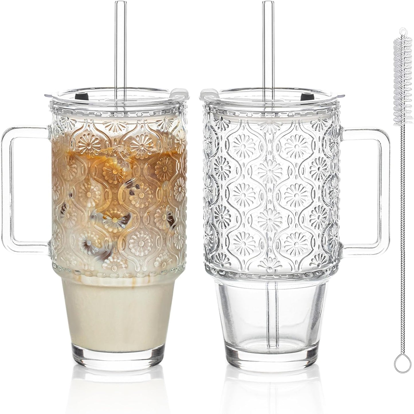 KEMORELA 2 Pack 24oz Glass Tumbler with Straw and Lid - Iced Coffee Cups with Handle, Reusable Smoothie Cup for Cold Drinks, Begonia Pattern, Dishwasher Safe