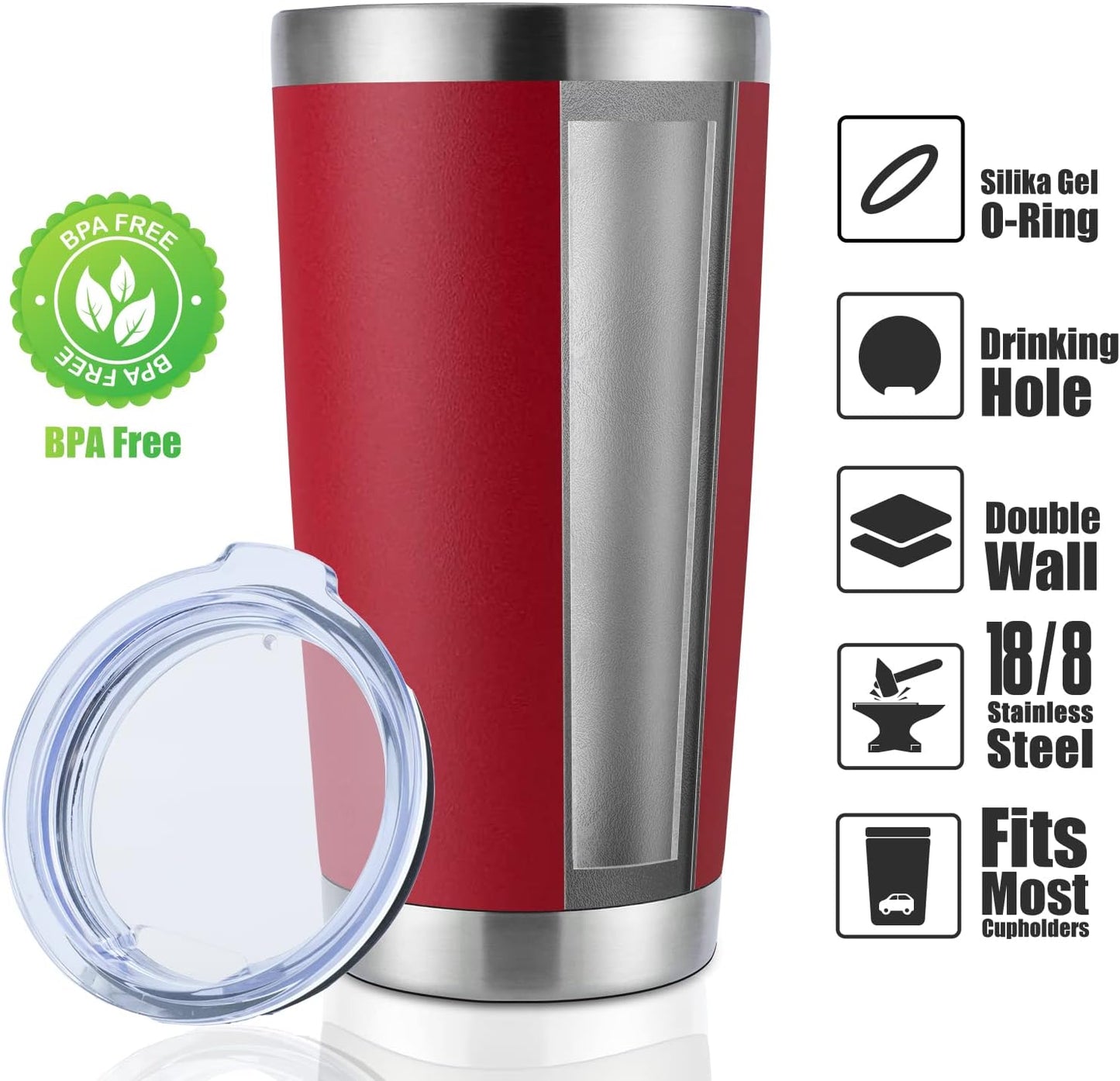 DOMICARE 20oz Stainless Steel Tumbler Bulk with Lid, Double Wall Vacuum Insulated Travel Mug, Powder Coated Coffee Cup (Powder Red, 4)