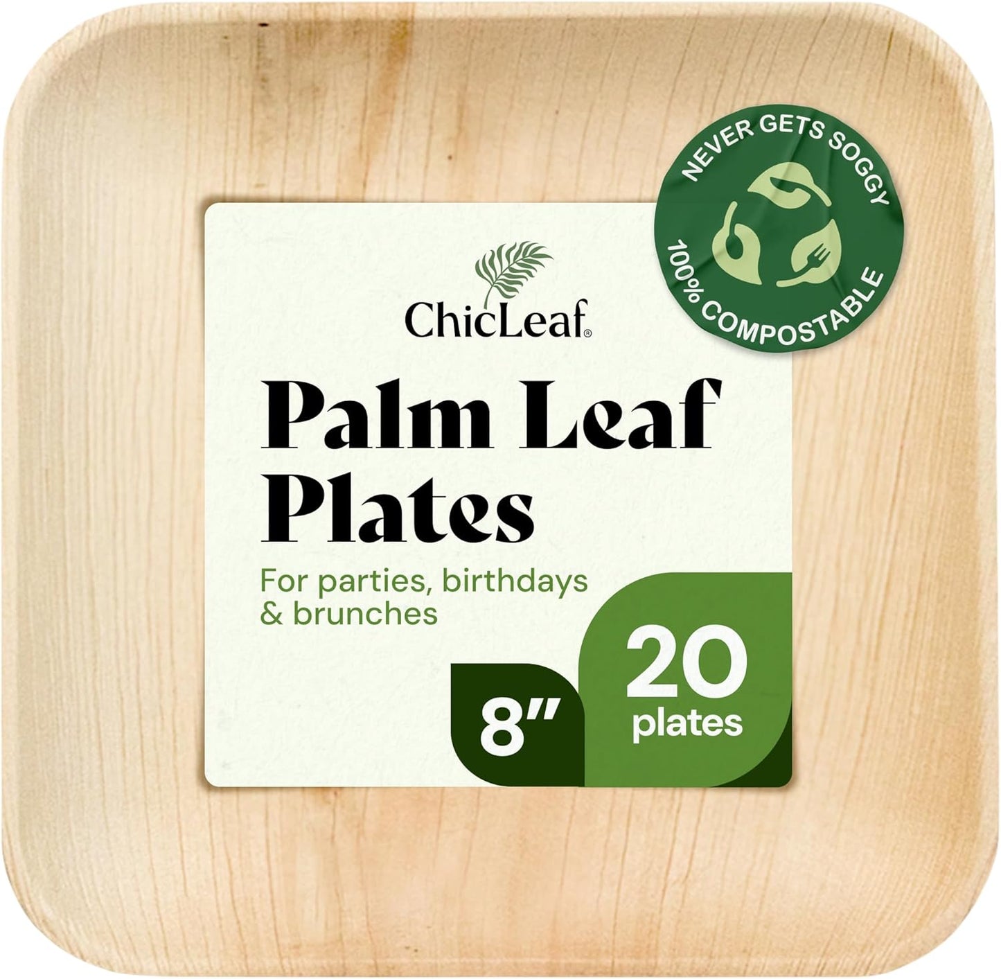 Chic Leaf Palm Leaf Disposable Bamboo Plates - Square Party Plates for Weddings, Parties, Event Appetizers - Biodegradable & Compostable - Party Supplies (8", 20 Pack)