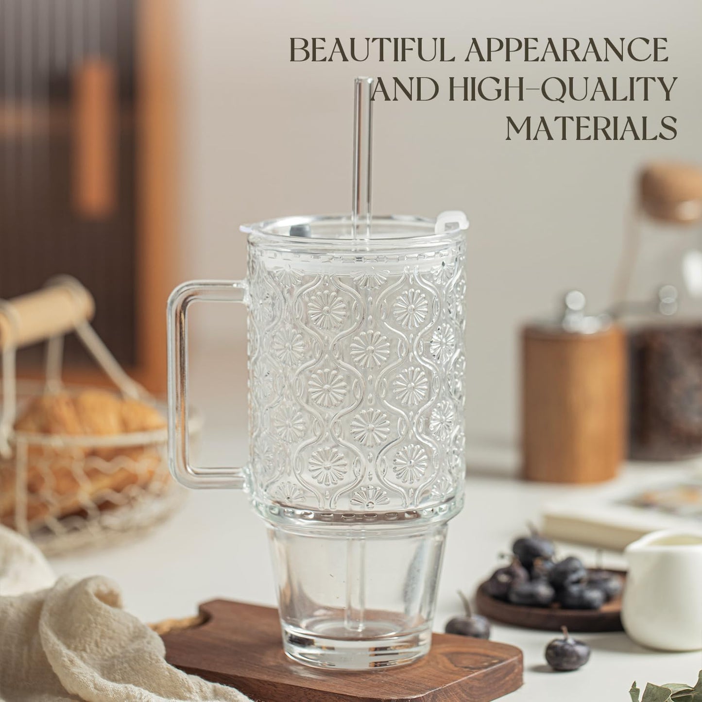 KEMORELA 6-Pack 24oz Glass Tumblers with Straws & Lids, Begonia Floral Iced Coffee Cups with Handles, Reusable Smoothie Glasses, Dishwasher Safe Cold Drinkware Set, BPA-Free Straws Included