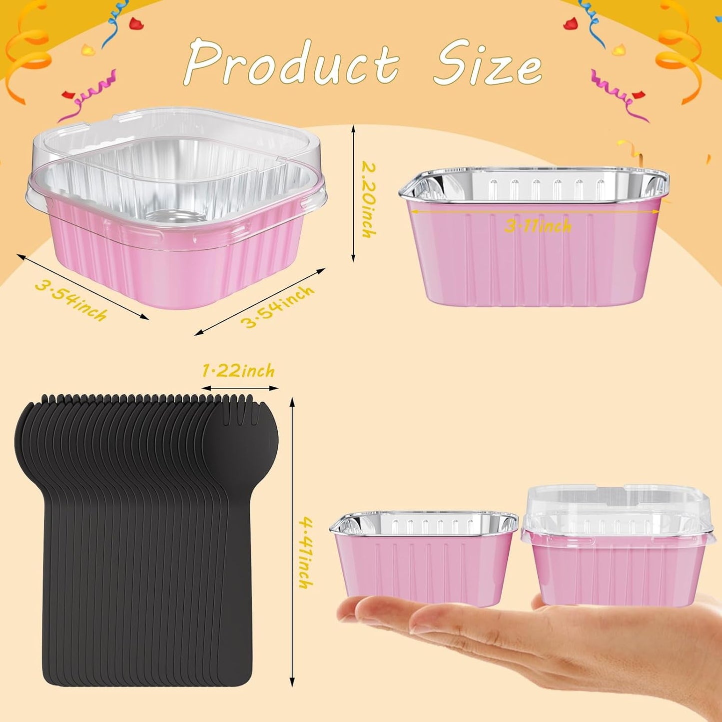 50 Pack Square Mini Cake Pans with Lids,Mini Loaf Pans with Lids,Aluminum Foil Baking Cups,Disposable Ramekins Cupcake Cups,Dessert Cups for Wedding Birthday Party Picnics,5oz (Pink)