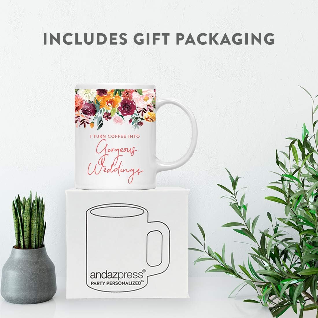 Andaz Press 11oz. Wedding Ceramic Coffee Tea Mug Gift for Wedding Planner, Fall Autumn Burgundy Orange Peach Flowers Roses Florals, I Turn Coffee Into Gorgeous Weddings, 1-Pack, Includes Gift Box