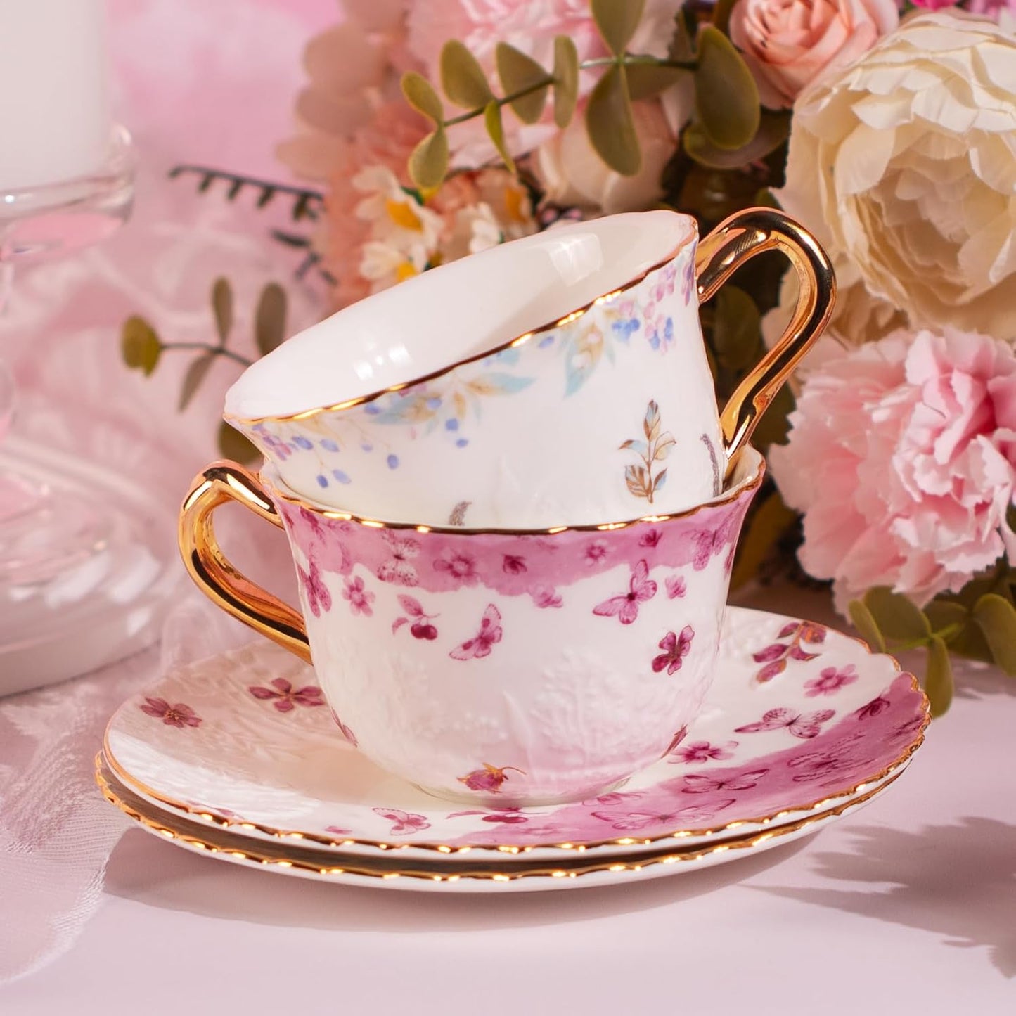 KAMMAK Tea Cups and Saucers Set of 2, Reinforced Porcelain Coffee Cups, 8.5-Ounce Stackable Espresso Mugs, Ceramic Demitasse for Coffee, Cappuccino, Latte, Americano, Tea, Colorful + Butterfly