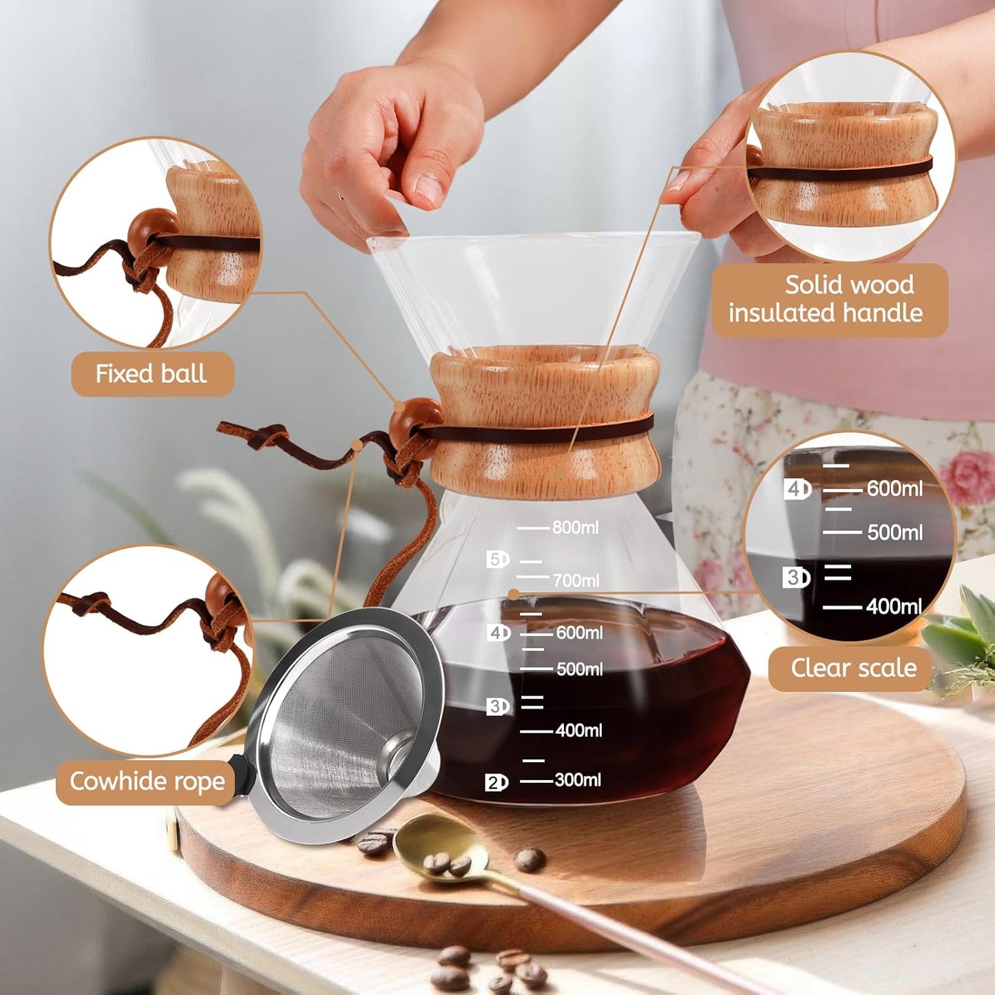 Pour Over Coffee Maker 800ml with 304 Stainless Steel Filter and Wooden Collar Holder Borosilicate Glass Drip Coffeemaker Server Set Clear Hand Brew Dripper Carafe for Home Camping Travel 27oz