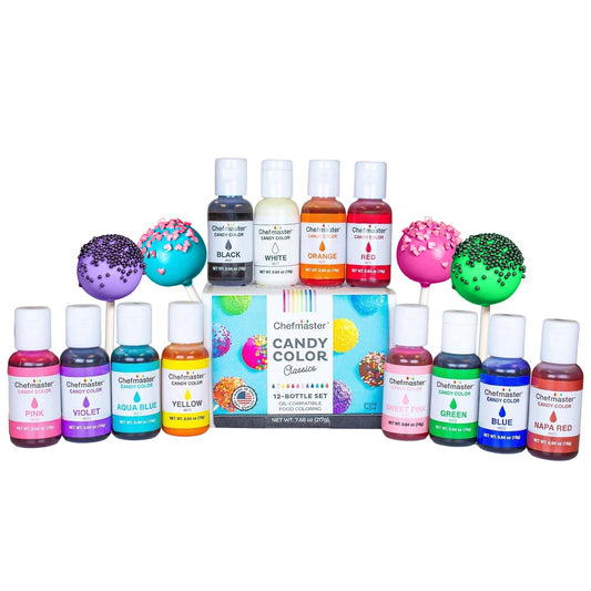 Chefmaster 12 Bottle Set of Candy Colors, True-Tone Shades, Oil-Based, Professional-Grade Dye, Chocolate, Strawberries, Cake Pops, Decorating, Easy-to-Use, Manufactured in the USA, 0.64 oz Each