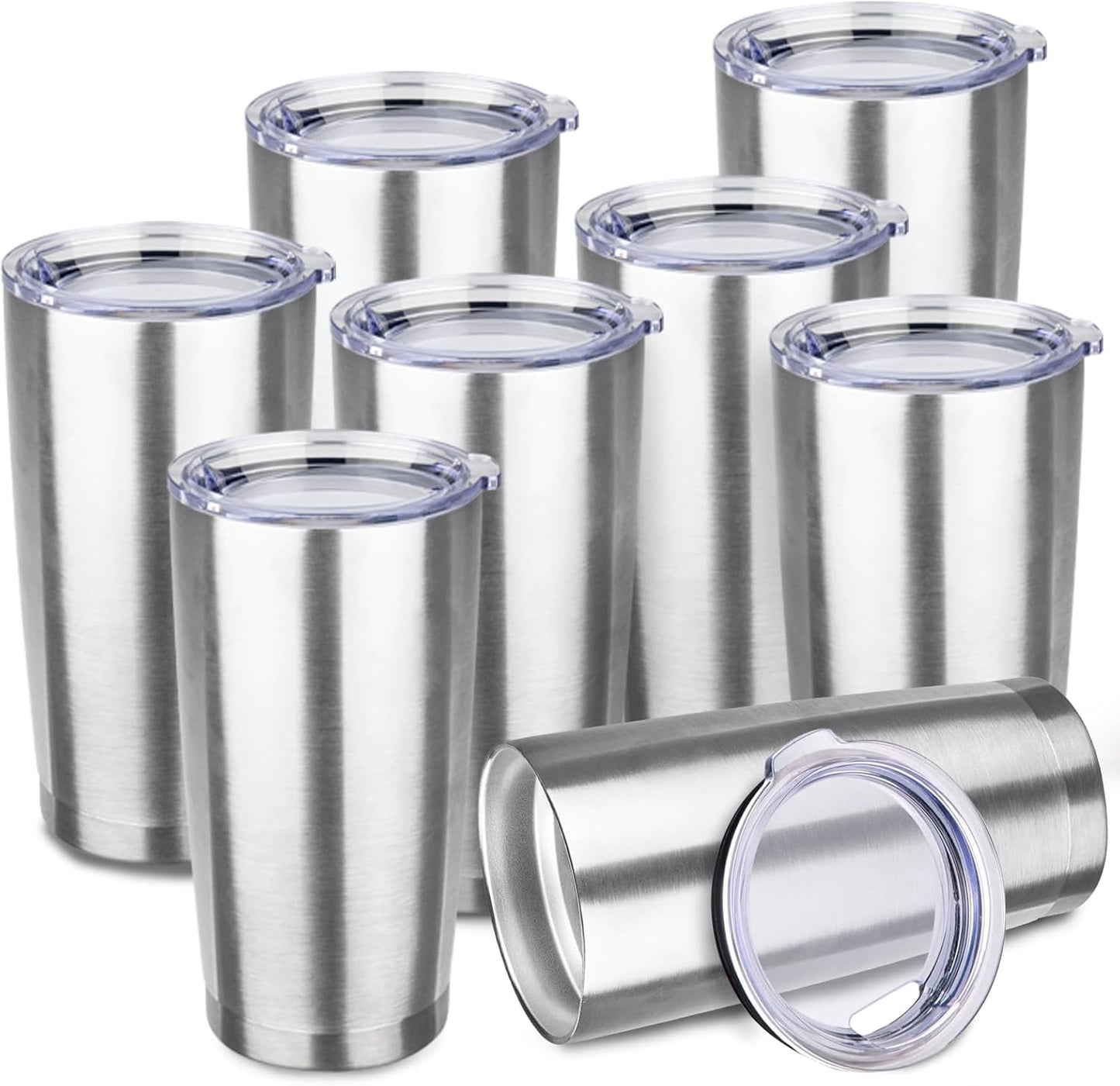StarSpeed 20oz Tumbler Bulk with Lid, Stainless Steel Insulated Tumblers Double Wall Vacuum Insulated Travel Mug, Powder Coated Coffee Cups for Hot and Cold Drinks(Silver,8)