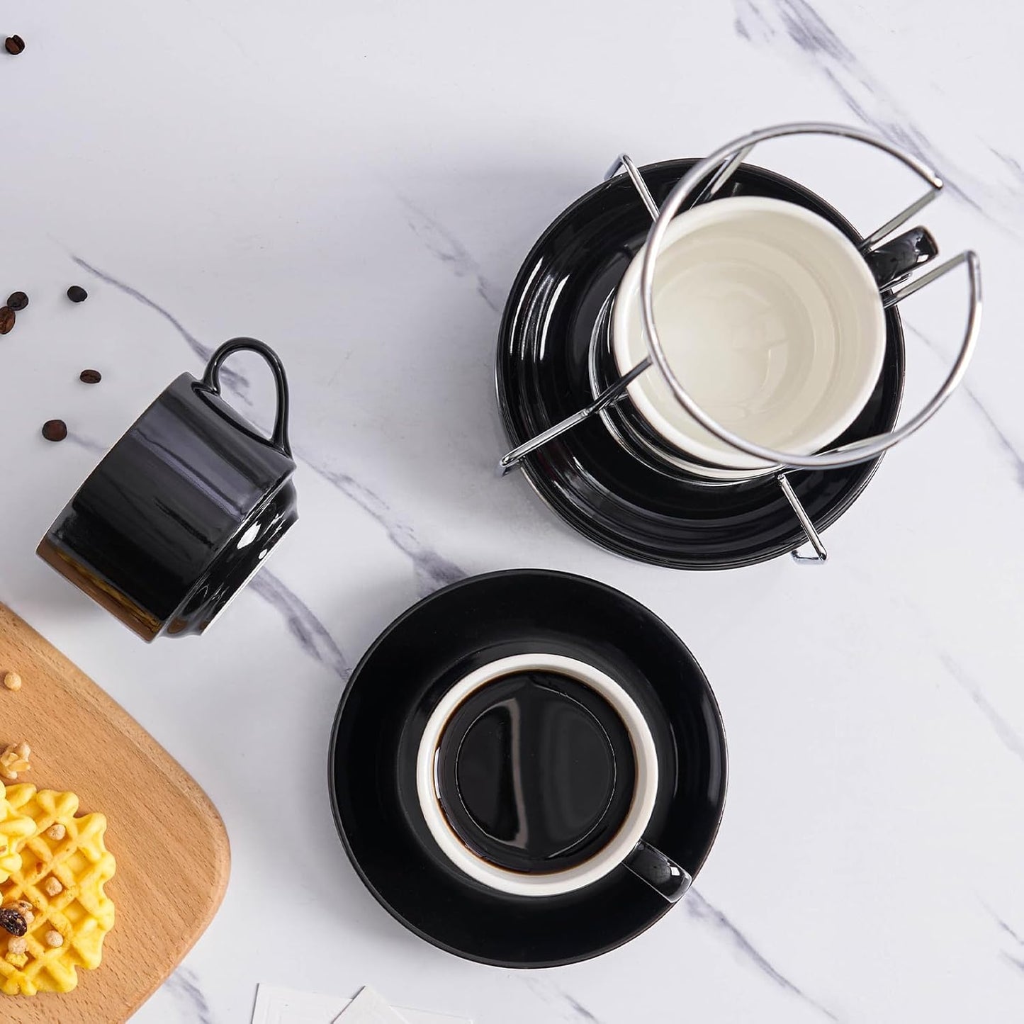 8 Ounce Porcelain Cappuccino Cups with Saucers and Silver Stand, Black Cups Set of 4