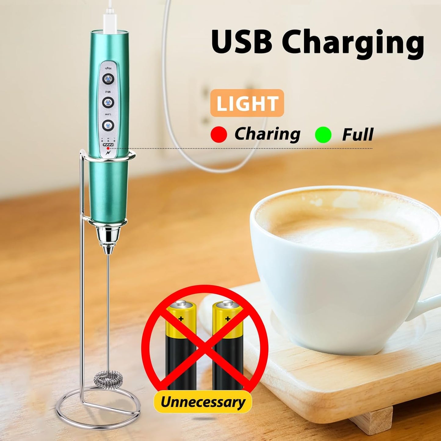 Milk Frother with Stand-Rechargeable Handheld Coffee Frother with 3 Stainless Whisks 3 Speed Adjustable, Electric Whisk Drink Mixer, Foam Maker Blender for Matcha Latte Cappuccino Chocolate