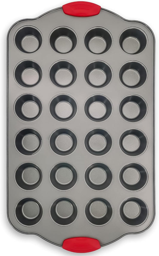 Boxiki Kitchen 24 Cup Mini Muffin Pan with Silicone Handles | Professional Non-Stick Cupcake Pan for Muffins, Cupcakes, Egg Bites, and More