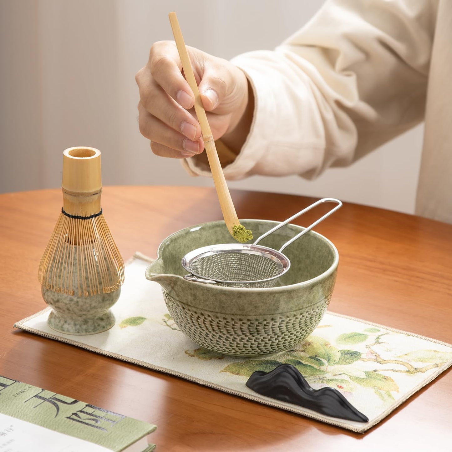 Japanese Matcha Ceremony Accessory, Matcha Whisk, Traditional Scoop (Chashaku), Tea Spoon, Whisk Holder, 1 tea bowl, 1 tea siev, The Perfect Set to Prepare a Traditional Cup of Matcha.
