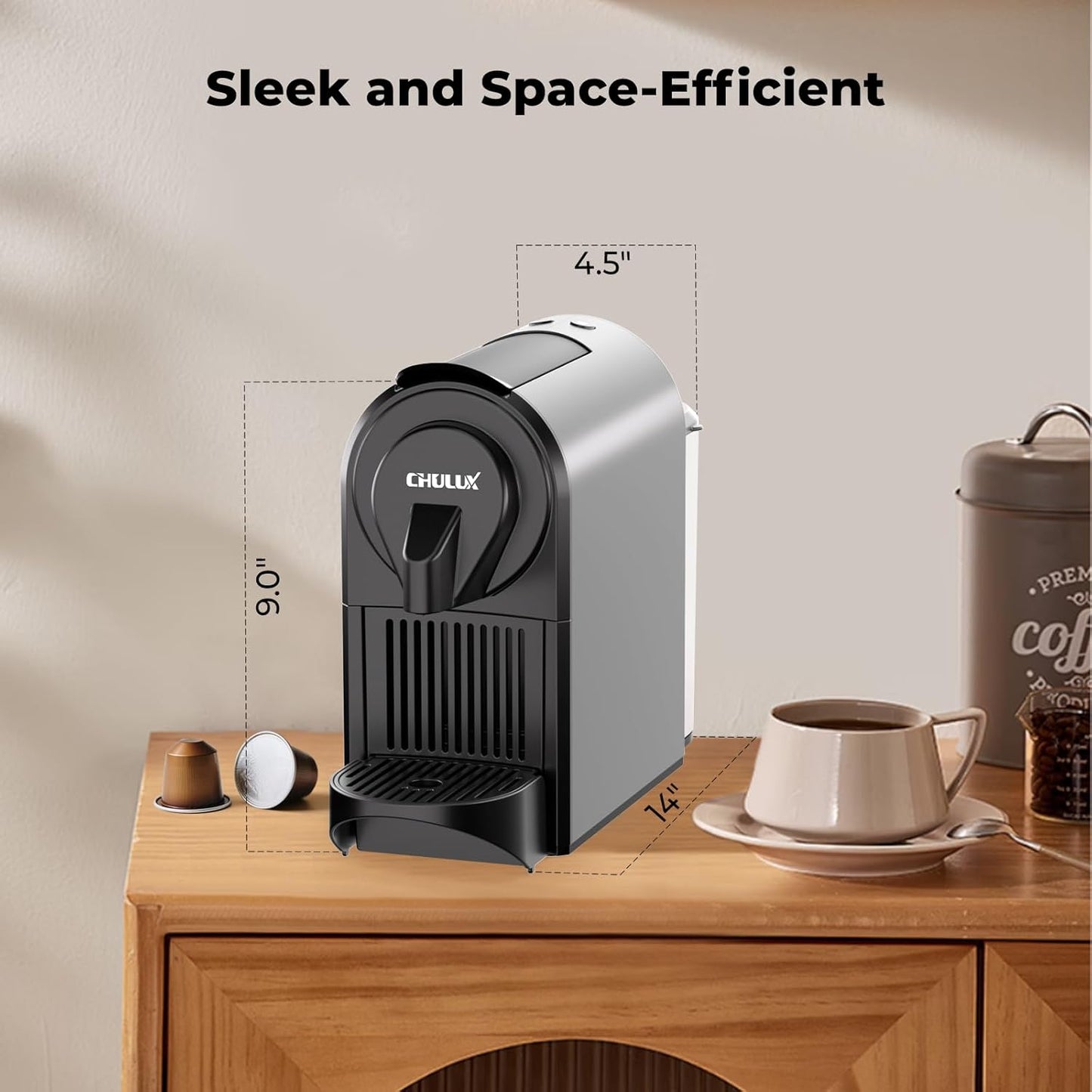 CHULUX Compact Espresso Machine, 20 Bar Single Serve Coffee Maker, Dual Brew Sizes for Espresso and Lungo, 1400W Rapid Brewing, Mystic Gray (Upgrade Model)
