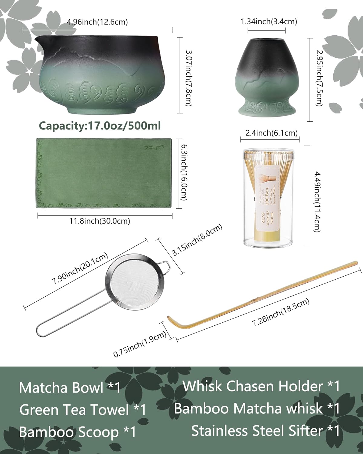 ZENS Matcha Whisk Set, 15oz Matcha Set with Bowl and Bamboo Whisk, Sifter, Scoop, (Chasen Holder) -Tea Towel, 6pcs Matcha Kit Chawan for Matcha-Making, Sage Green