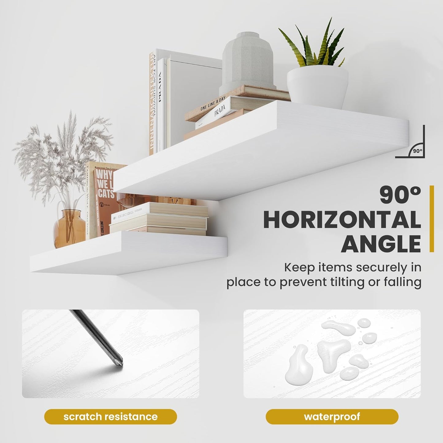 55 Inch Floating Shelves, 9.3" Deep Floating Shelf Wall Mounted, 56" Wall Shelves, Rustic Deep Bookshelf, Large Display Shelves & Storage Shelves for Bedroom, Living Room, White, Set of 1