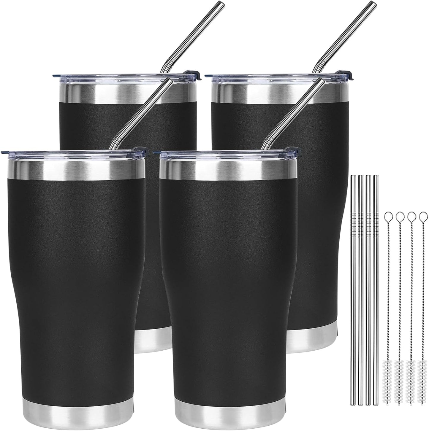 MEZMUT 4 Pack 20oz Insulated Coffee Tumbler with Lid and Straw Double Wall Vacuum Insulated Cup Stainless Steel Travel Mugs Leakproof Powder Coated Tumbler for Indoor Outdoor(Black)