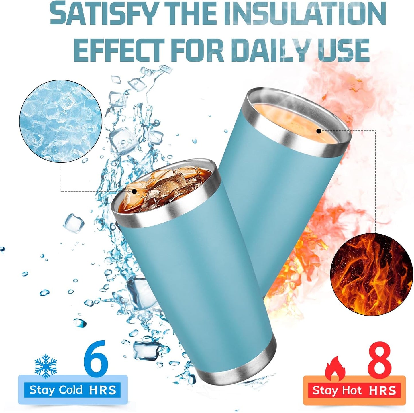 20oz Tumbler with Lid Double Wall Vacuum Insulated Travel Coffee Mug Stainless Steel Thermal Cup Powder Coated Sturdy Coffee Tumbler Bulk for Hot and Cold Beverage (Glacier blue,6)