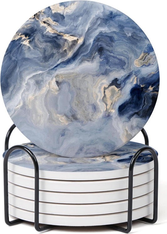 Set of 6 Abstract Navy Blue Marble Coasters with Holder, Absorbent Ceramic Drink Coasters for Table Protection, Housewarming Gifts for New Home