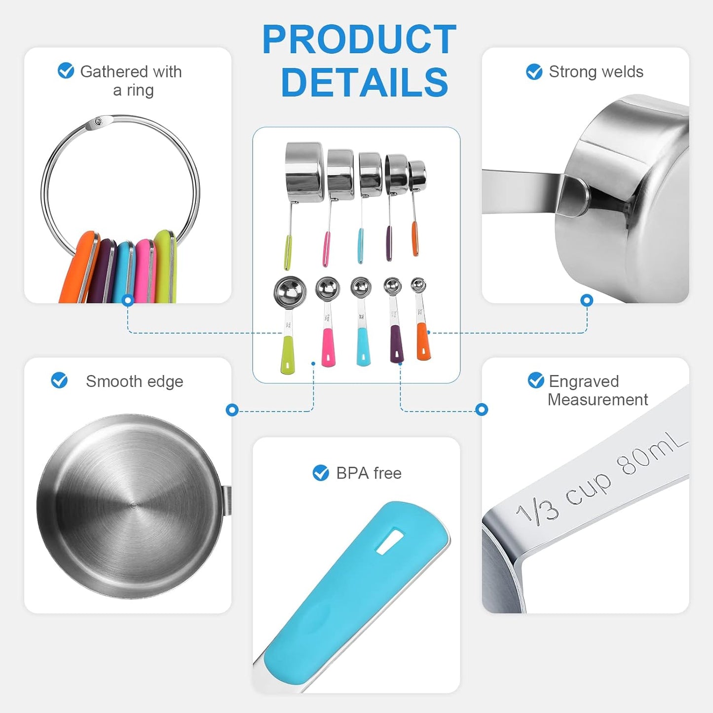 Measuring Cups and Spoons Set Stainless Steel 10 Piece for Cooking and Baking