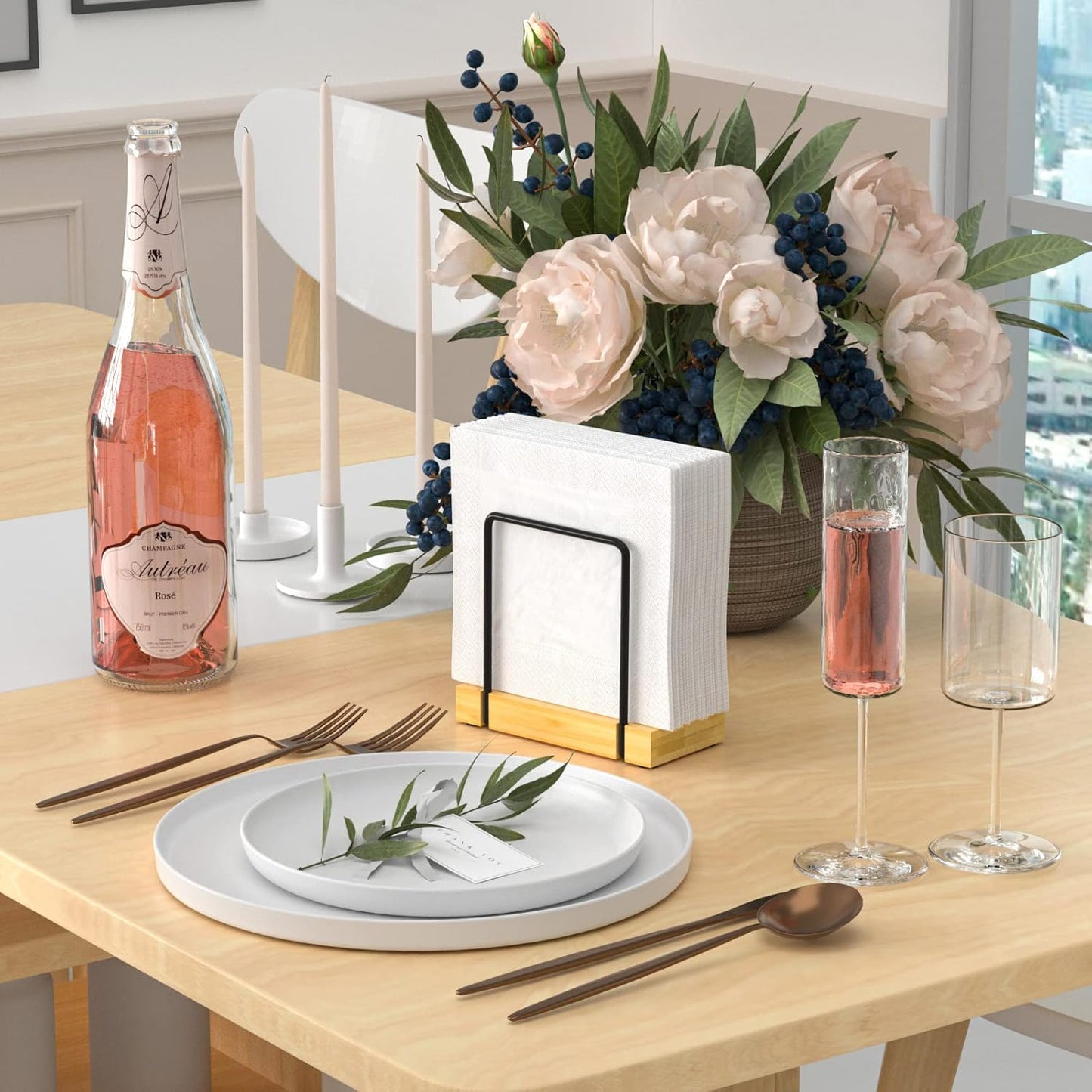 Napkin Holder for Table, Bamboo Iron Standing Napkin Dispenser for Kitchen Dining Table Farmhouse Cocktail Picnic Rustic Wood Holders for Mail Bills Suitable for All Dining Room Decors Black & Yellow