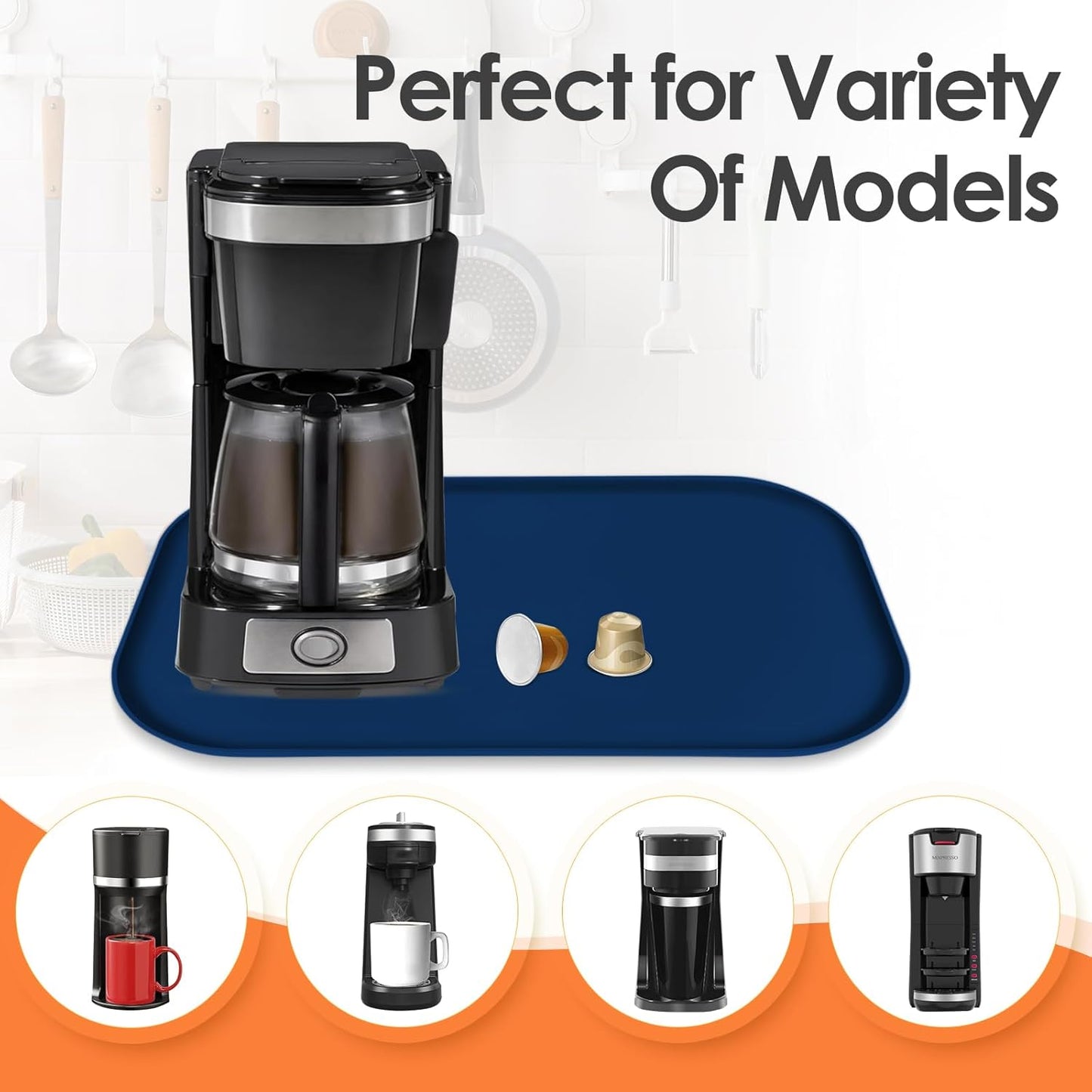 Silicone Coffee Maker Mat with Lip, 17.4'' x 10.6'' Heavy Duty Coffee Maker Mat for Countertops, Coffee Tray Fit Under Coffee Machine Appliance Automatic Machines Espresso Accessory, Navy Blue