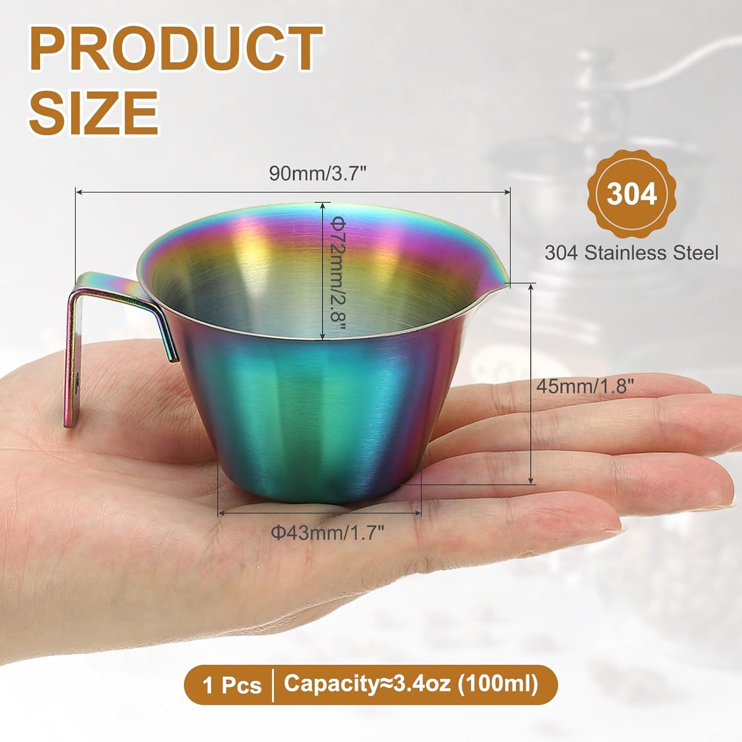 uxcell 1 Pcs Stainless Steel Espresso Cup with Handle, V-Shaped Mouth Espresso Measuring Cup with Scale for Preparing Coffee, Cocktails, 3.4OZ/100ML (Iridescent)