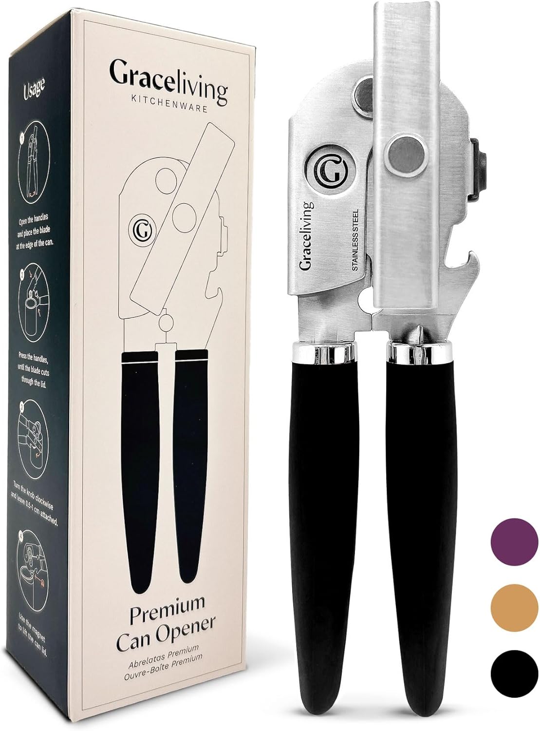 Premium Multifunctional Magnetic Manual Can Opener and Bottle Opener, Heavy Duty Stainless Steel Sharp Cutting Blade and Oversized Easy Turn Knob, Soft-Touch Handle, Kitchen Use, Black