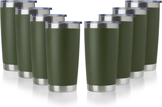 DOMICARE 20oz Stainless Steel Tumbler Bulk with Lid, Double Wall Vacuum Insulated Travel Mug, Powder Coated Coffee Cup, Army Green, 8 Pack