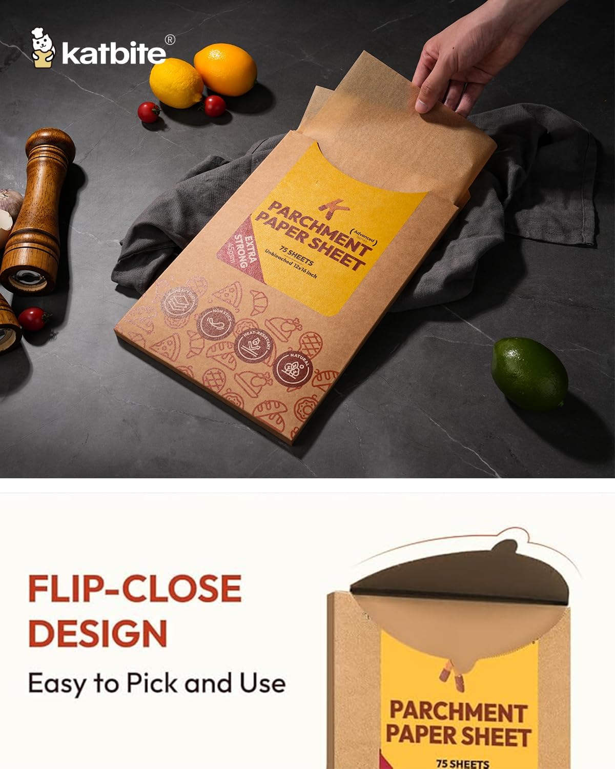 Katbite 75Pcs Unbleached Parchment Paper Sheets 12x16IN, Pre-Cut Heavy Duty Parchment Baking Paper, Non-Stick Half Sheet Brown Baking Parchment Paper for Air Fryer, Baking Cookie [Advanced Series]