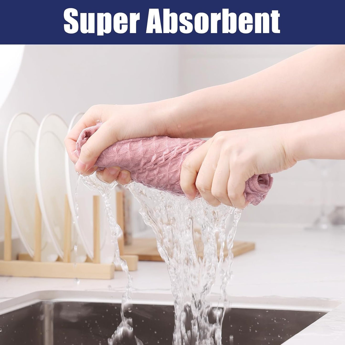 Homaxy Microfiber Waffle Weave Kitchen Towels, 16 x 28 Inch Ultra Absorbent and Solid Color Dish Towels, 6 Pack, Pink