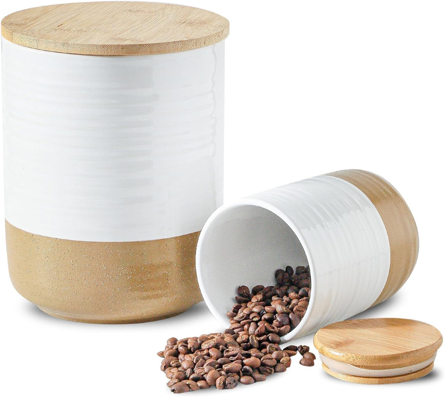Hasense Ceramic Kitchen Canisters with Bamboo Lids – 80oz & 24oz Storage Jars Set – 7.5" + 5.9" Airtight Pantry Containers for Tea, Coffee, Flour, Snacks – Modern Minimalist Design 2-Pack White