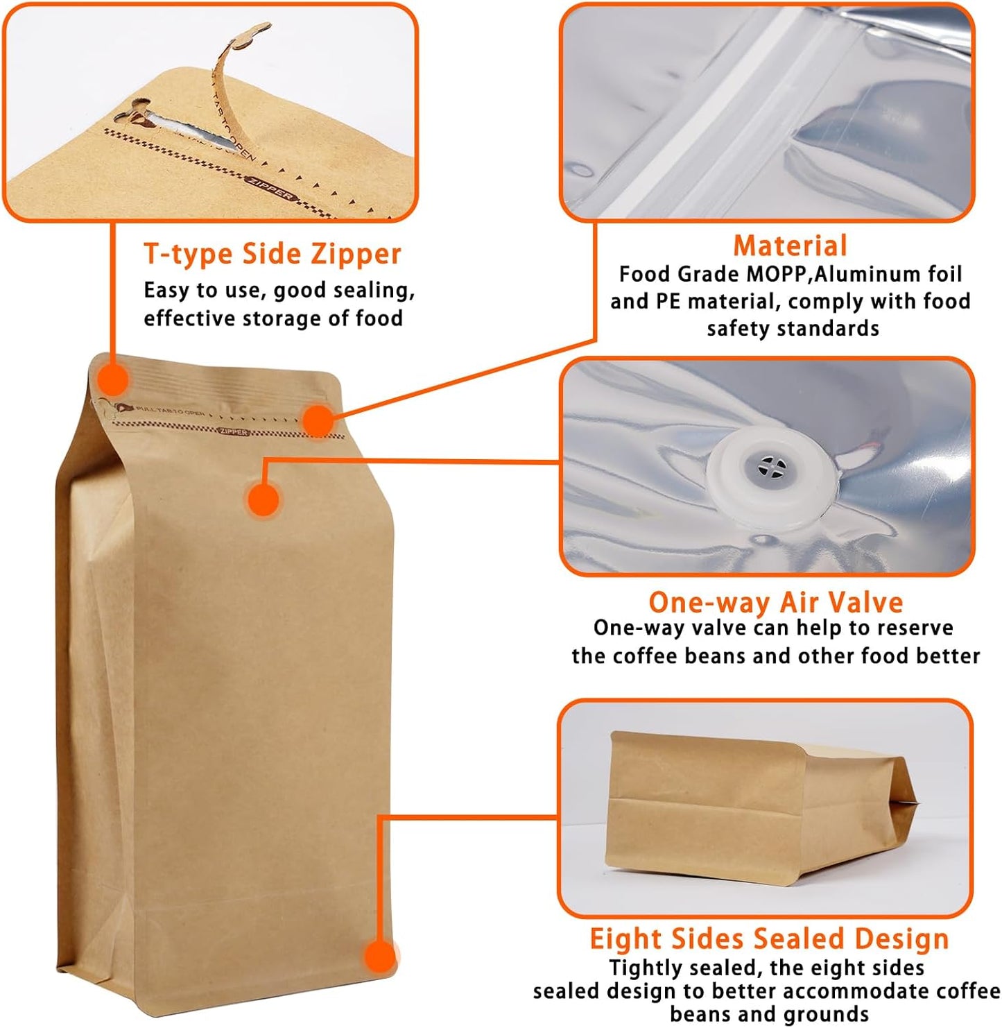 Coffee Bags with Valve (50 PCS,16oz/1lb) Kraft Paper High Barrier Aluminum Foil Flat Bottom Standing Coffee Beans Storage Packaging Bags,Reusable Heat Seal Side Zipper Pouches for Small Business&Home
