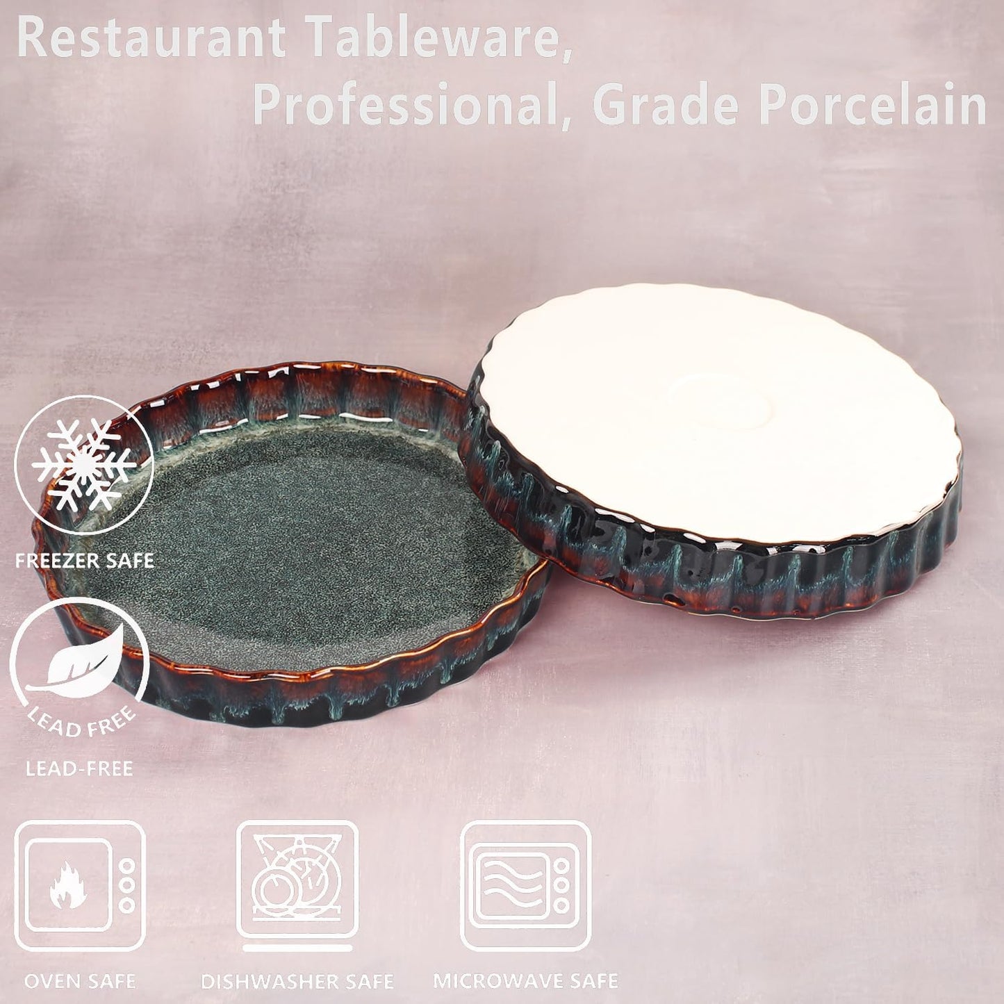 7 Inch Ceramic Pie Pan Quiche Dish 13.5 Ounces Baking Pan, Set of 2 Au Gratin Baking Dishes, Non-Stick Tart Pan, Pie Plate for Apple, Oven Safe, Round Ruffled Edge 7.7 Inch