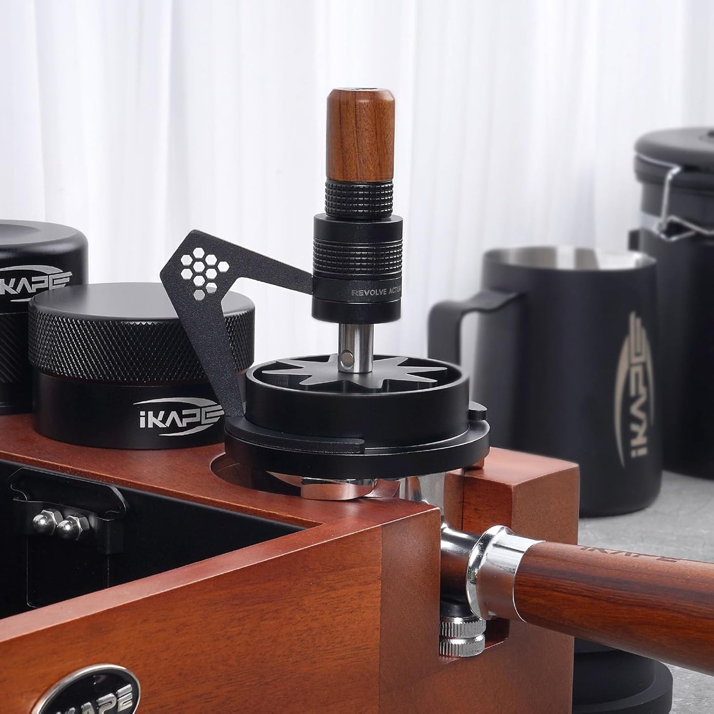 IKAPE Mantis WDT Distribution Tool with Clean Brush, V3-54mm Espresso Stirrer for Barista - 8 Needle Espresso Stirrer with Dosing Funnel & Stand, Adjustable Needle Height, Walnut Handle