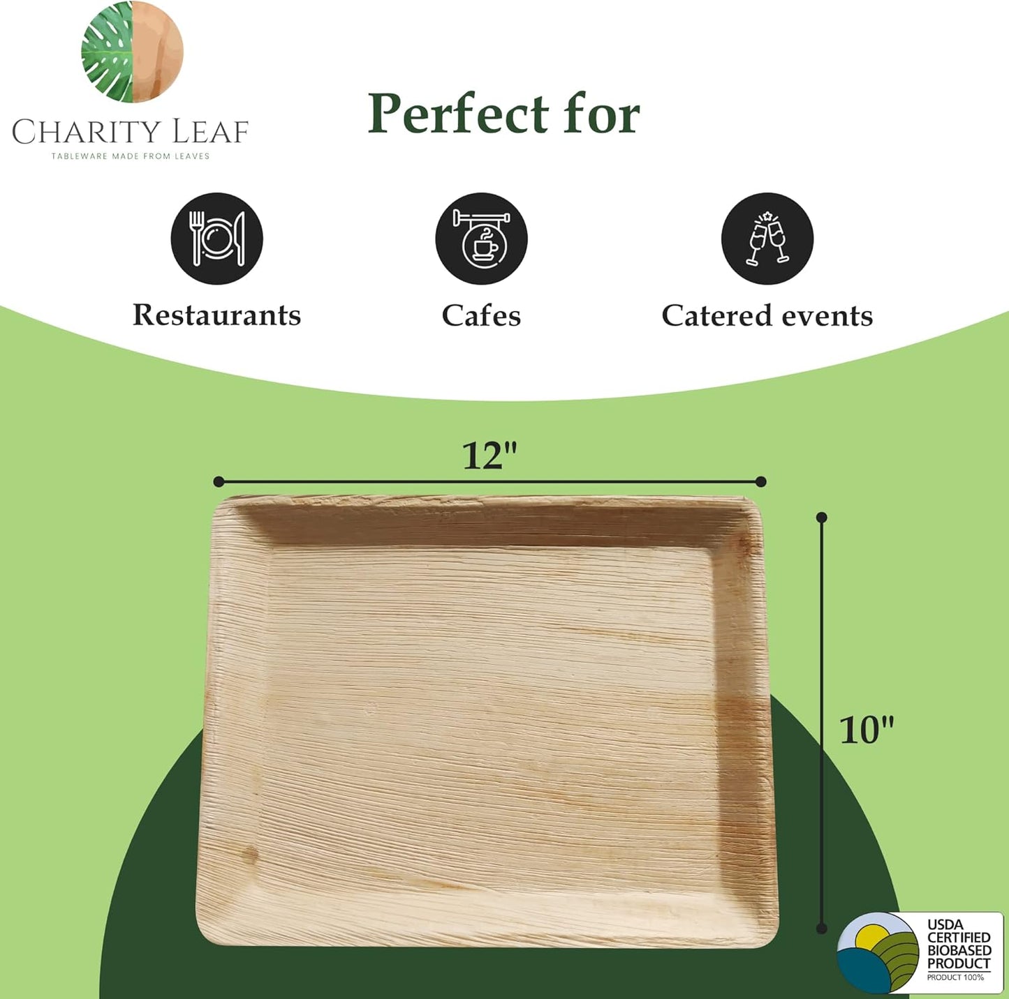 Charity Leaf Disposable Palm Leaf 12" x 10" Trays (10 pieces) Bamboo Like Serving Platters, Disposable Boards, Eco-Friendly Dinnerware For Weddings, Catering, Events
