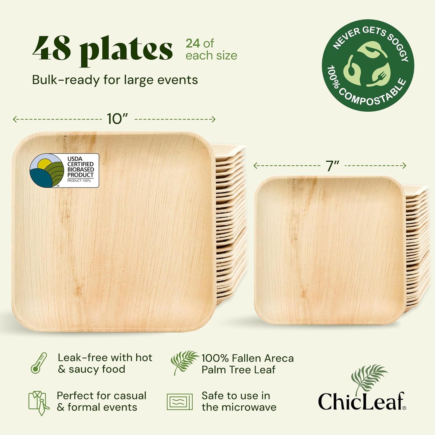 Chic Leaf Compostable & Biodegradable Palm Leaf Disposable Bamboo Plates - Disposable Party Plates for Appetizers - Camping Essentials - Reusable Party Supplies (10 & 7 Inch Square)