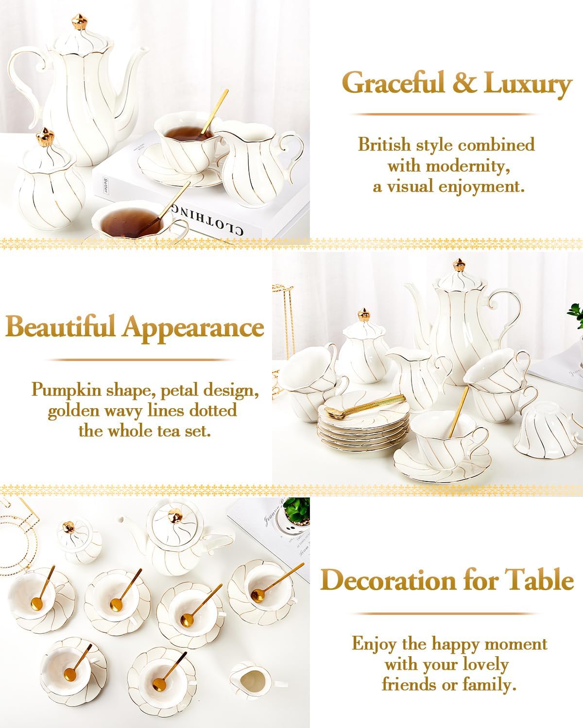 DUJUST 22 pcs White Porcelain Tea Set for 6, Luxury British Style Tea/Coffee Cup Set with Golden Trim, Beautiful Tea Set for Women, Tea Party Set, Gift Package (With a Stand)