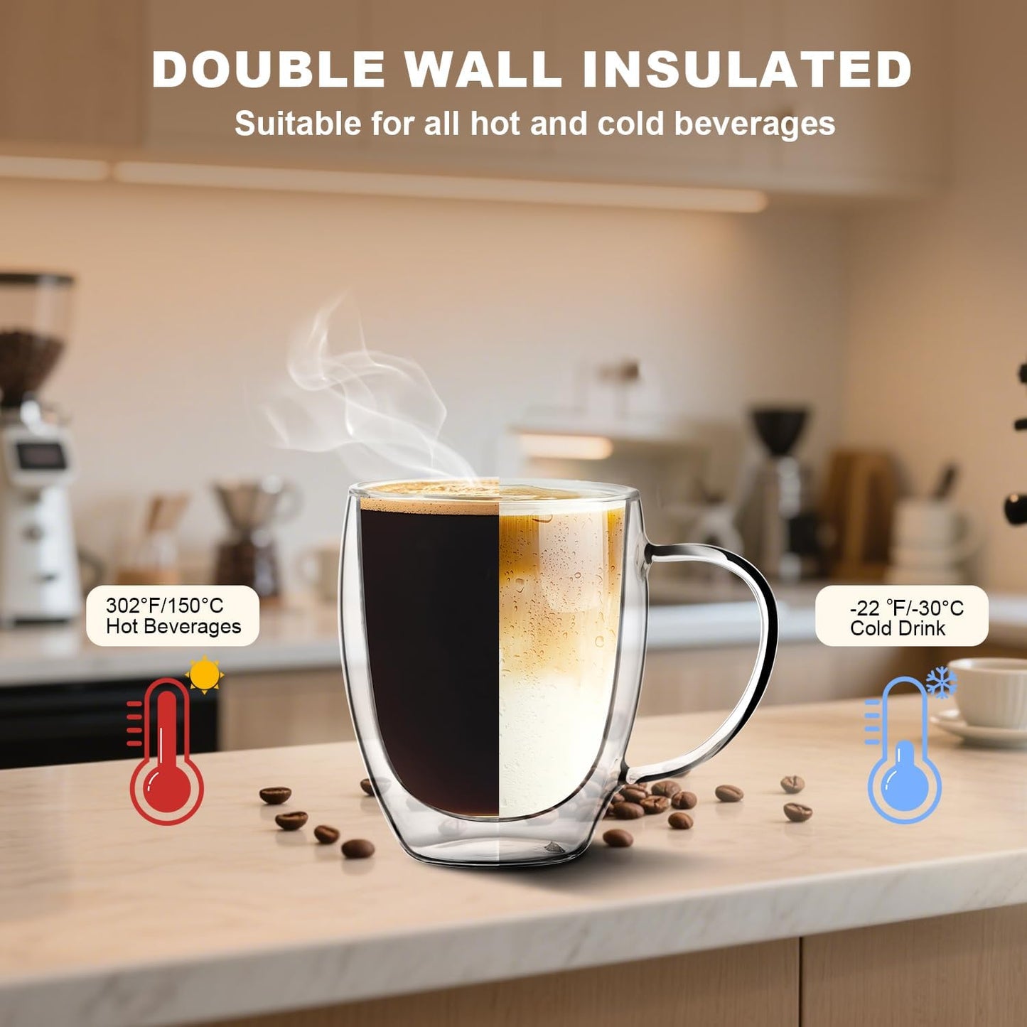 Large Double Wall Glass Coffee Mugs 18 oz, Clear Coffee Cup With Handle,Insulated Coffee Mugs Set of 2 With Spoons Perfect for Espresso, Cappuccino, Latte, American,Tea Bag, Beverage