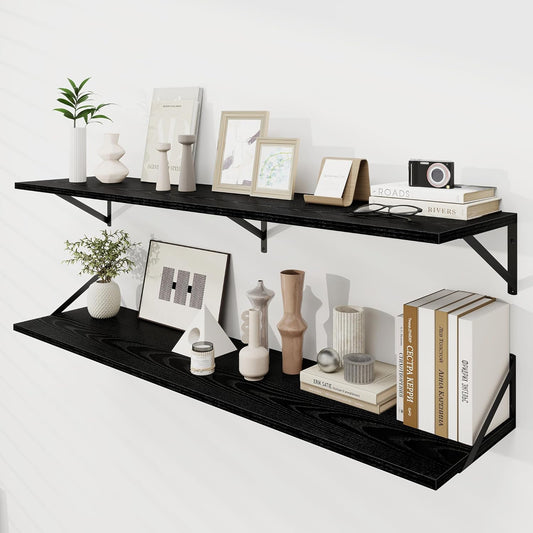 Dreamland Floating Shelves for Wall, 12 Inch Deep Floating Shelves Set of 2, 55W x 12D Large Wall Shelf with Sturdy Metal Brackets for Living Room, Bathroom, Bedroom and Kitchen, Black