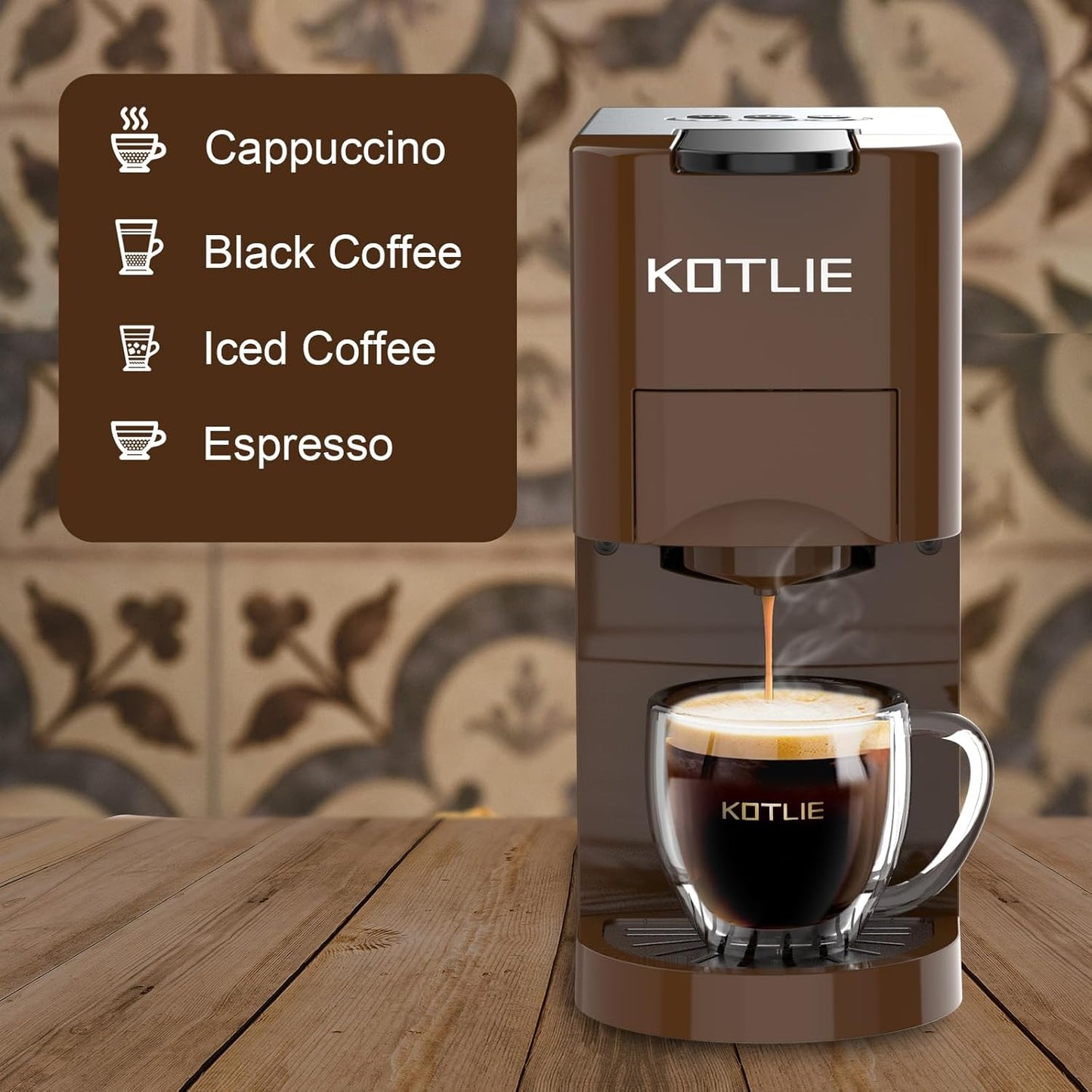 KOTLIE 513K Single Serve Capsule Coffee Machine fits for K-Cup capsule/Nes*p Original/Ground Coffee/44mm ESE,0.8L,Compact Size(Coffee)